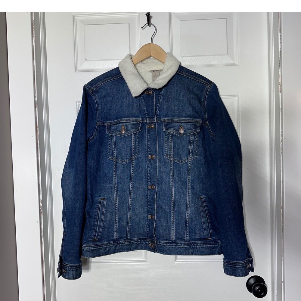 Duluth Trading Co Sherpa Lined Denim Jacket Blue Trucker Faux Fur Large Womens